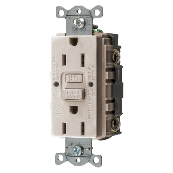 Hubbell Wiring Device-Kellems Power Protection Devices, Receptacle, Self Test, GFCI, WR, Commercial Grade, 15A 125V, 2-Pole 3-Wire Grounding, 5-15R, Light Almond GFWRST15LA